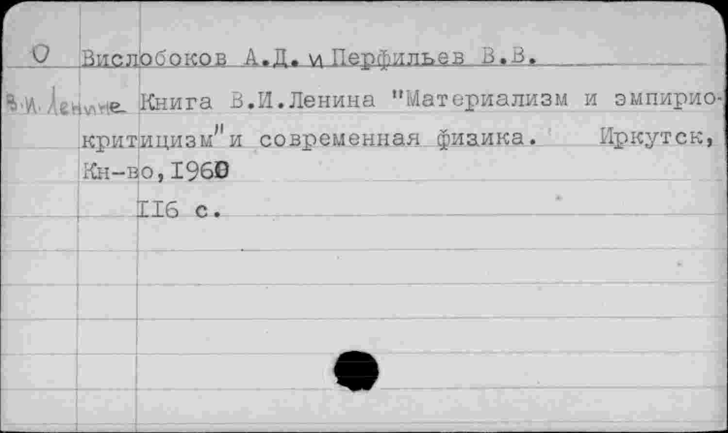 ﻿О Бислобоков А.Д. \л Перфильев В.В.______
\'/еН\лНе- Книга В.И.Ленина "Материализм и эмпирио-, .критицизм'1 и современная физика. Иркутск, Кн-во,1960
116 с.